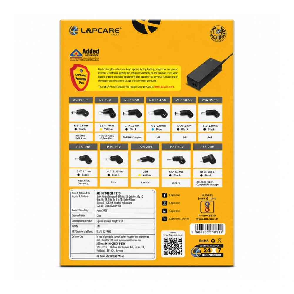 Lapcare Laptop Adapter 65w 20V/3.25a Multi Pin Universal view 2
